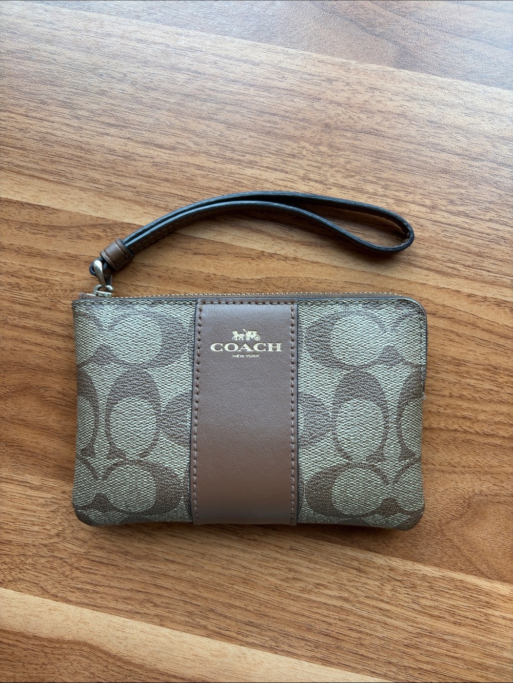 Coach Brown Signature Canvas Wristlet with Leather Stripe